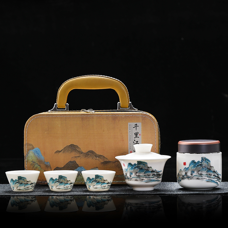 瓷伽什江山青綠羊脂玉旅行茶具