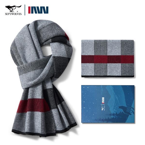 七匹狼圍巾格子含羊毛加絨加厚保暖圍脖645013-2