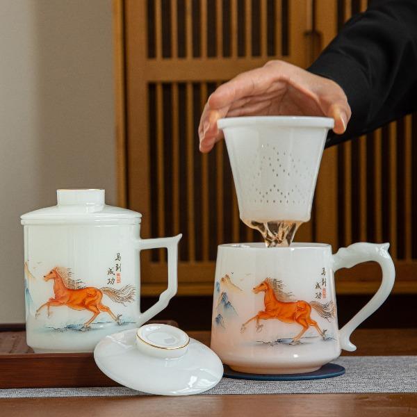 尾橋下窯冰種璞玉馬到成功陶瓷三件套辦公杯套裝節(jié)日會(huì)議禮品