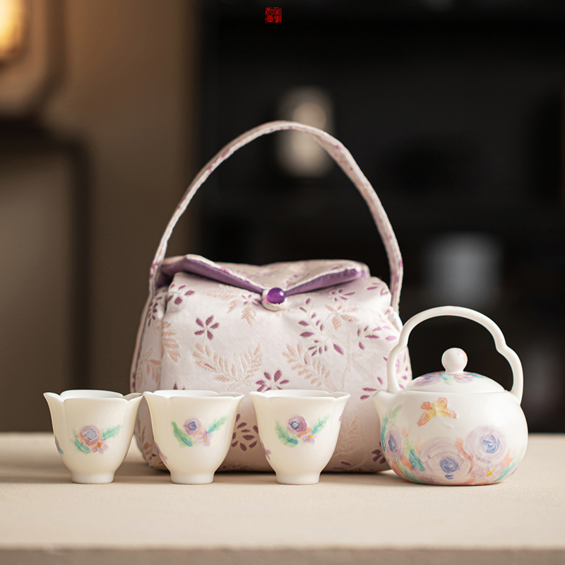 尾橋下窯女神節(jié)手繪白玉汝花影提梁茶具茶事小套裝節(jié)日伴手禮