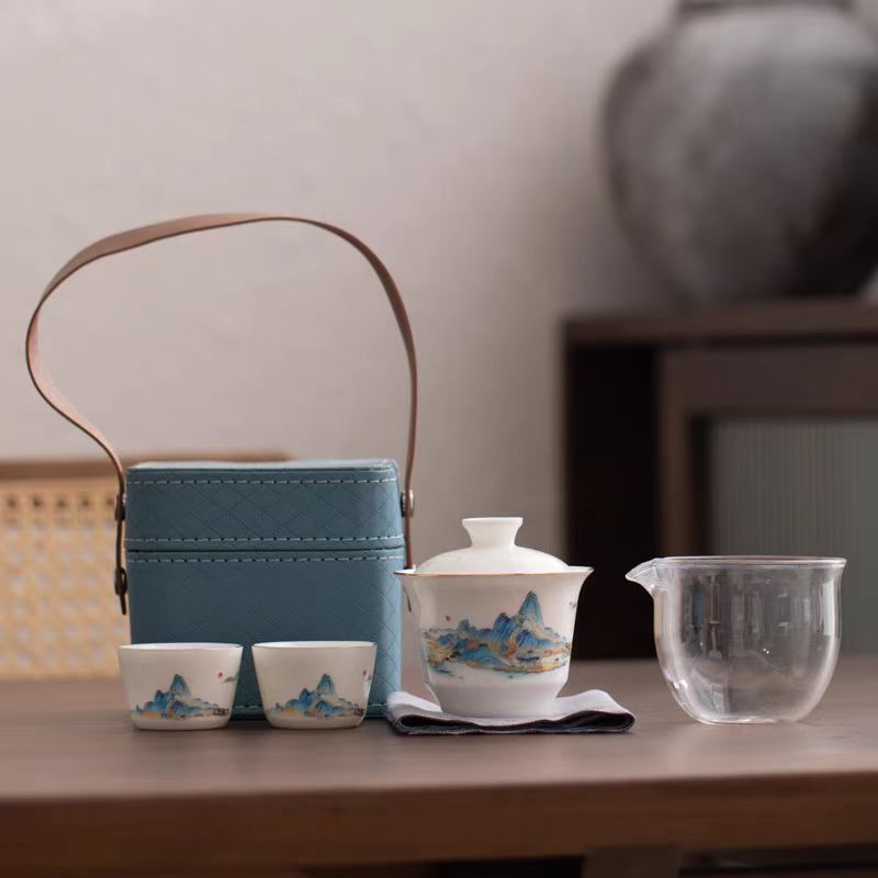 鹏翼千里江山描金羊脂玉瓷快客套装户外踏青