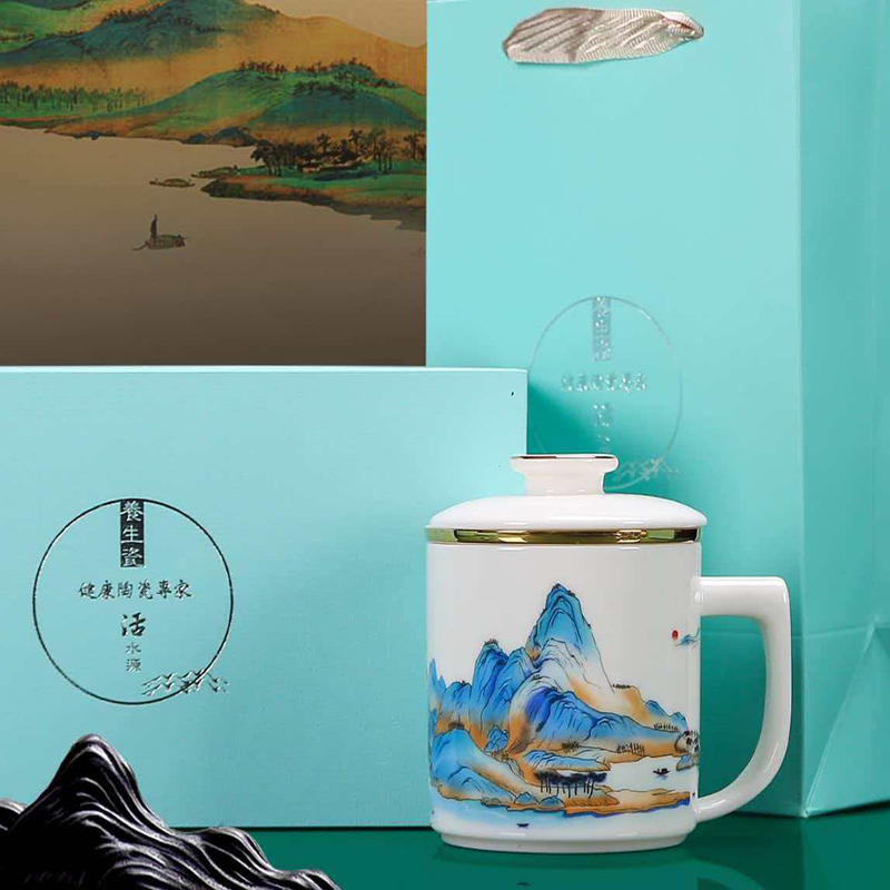 鹏翼商务文创羊脂玉瓷千里江山办公杯