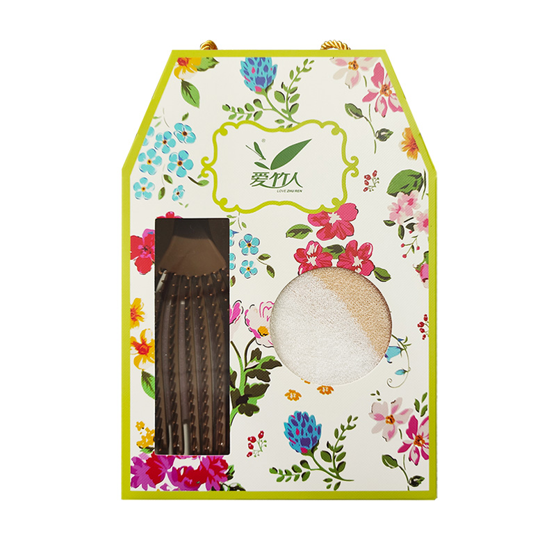 爱竹人竹纤维条纹挂钩毛巾咖色气垫梳2件套C05