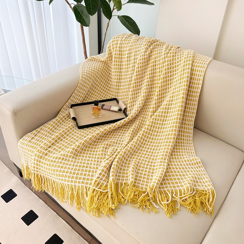 萱遇家纺流苏针织盖毯-黄Q-C7097-1