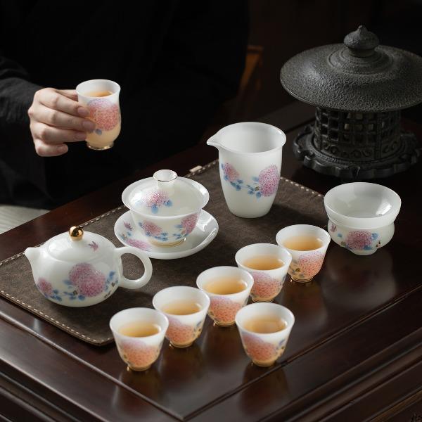 尾桥下窑冰种璞玉瓷富贵锦绣功夫茶具大套装茶具节日会议礼品