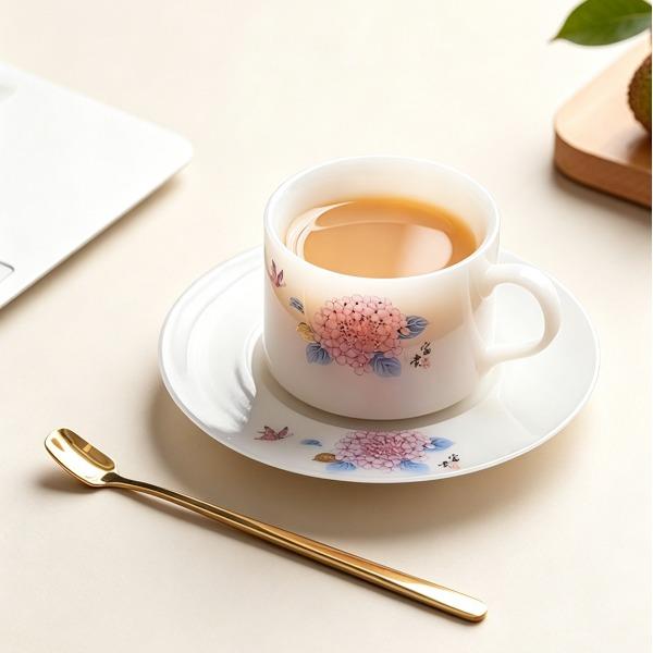 尾桥下窑冰种璞玉富贵锦绣咖啡杯马克杯精致绣球花早餐杯碟套组