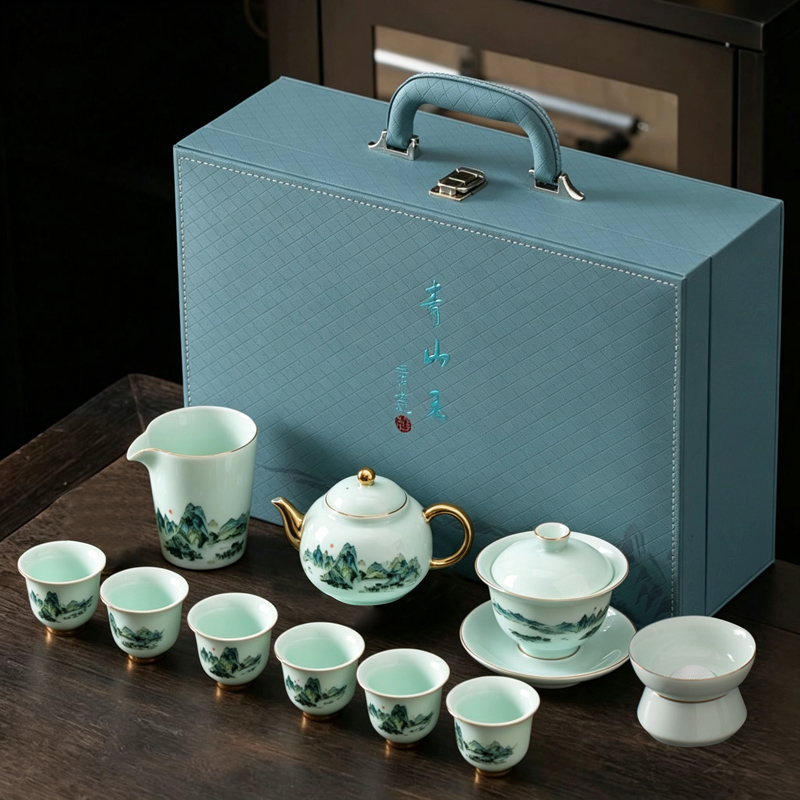 鹏翼国潮文创银线千里江山青山玉茶具
