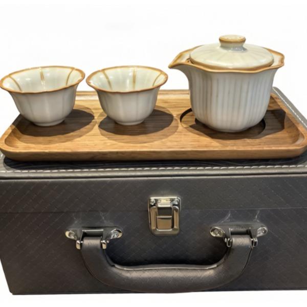 鹏翼商务文创亚黄汝窑胡桃木茶盘套装