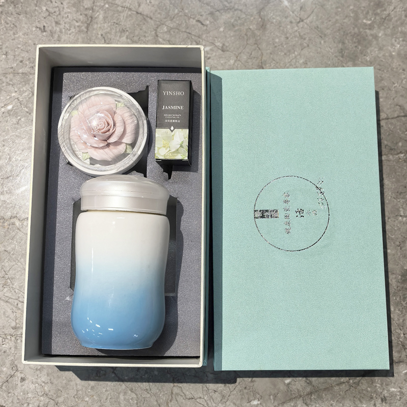 鹏翼杯壶水具保温杯瓷雕玫瑰香薰精油三件套