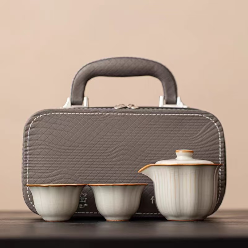 鹏翼商务文创亚黄汝窑旅行茶具皮盒装