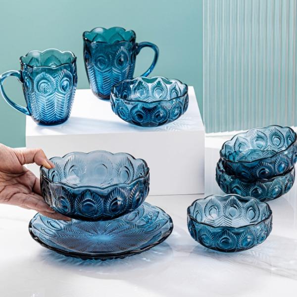 乐唯诗KQWPB/L8墨蓝孔雀碗盘杯八件套