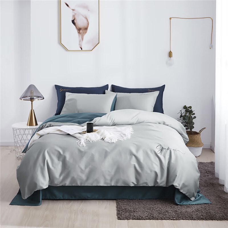 杉杉家纺60S长绒棉刺绣四件套-浅银灰SS-TJ1023