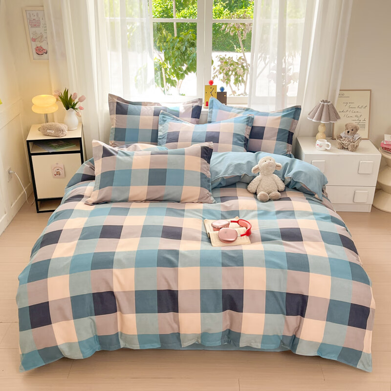 北极绒BJRJ227斜纹印花-格菱蓝四件套