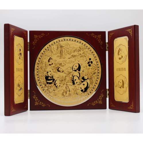 熊貓鍍金三折屏風