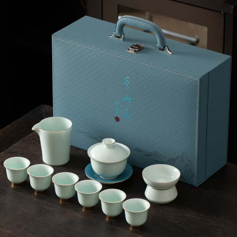 鹏翼商务文创青山玉盖碗描金茶具套装